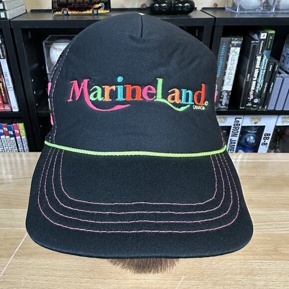 Marineland Hat Trucker Cap Snapback Mesh Black Vintage 80s 3 Stripe USA Rare - Picture 1 of 5